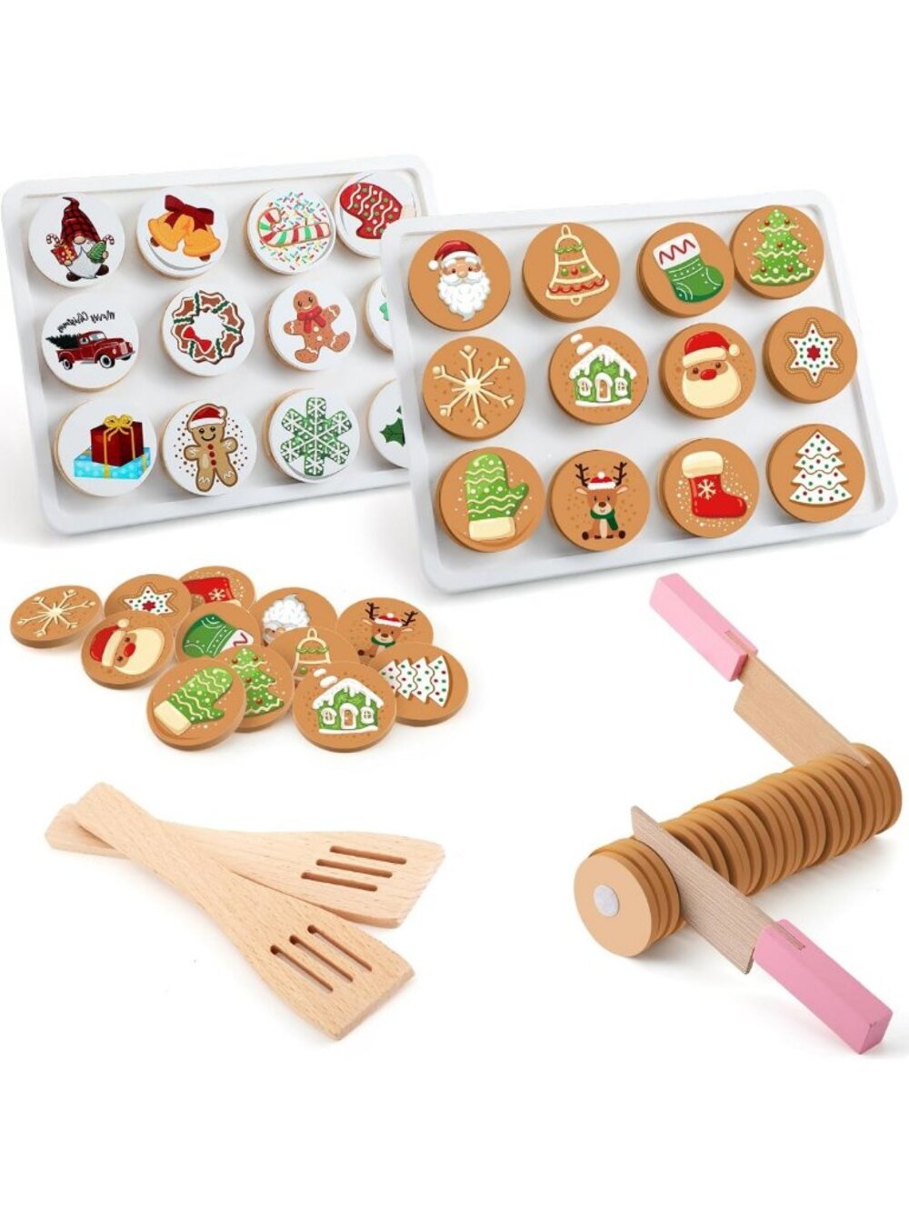 2 Sets Christmas Slice & Bake Wooden Cookie Play Food Set - Fun Holiday Gift!